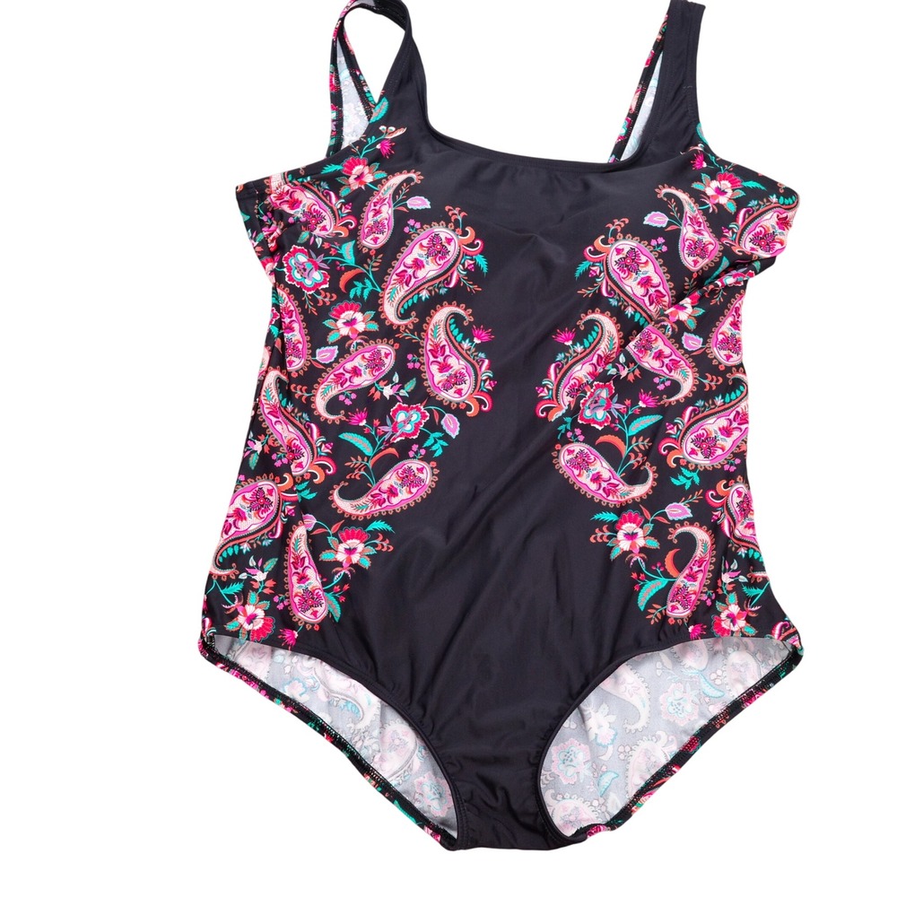 Lands End Swimsuit Women 16 Pink Black Paisley Colorblock Tank Modest Beach